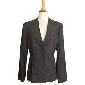 REBECCA TAYLOR Wool Silk Blazer Herringbone Peplum Double Breasted Gray, Size 10